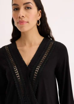 3/4-Arm Shirt mit Spitze in Wickeloptik