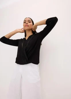 3/4-Arm Shirt mit Spitze in Wickeloptik