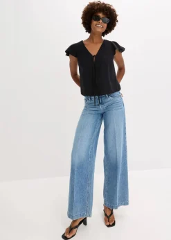 Bluse mit Volantärmeln in Glanzoptik