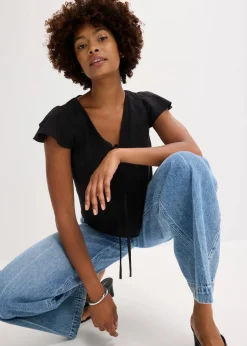 Bluse mit Volantärmeln in Glanzoptik