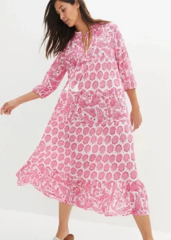 Crincle-Web-Baumwollmidikleid mit Taschen und 3/4- Arm