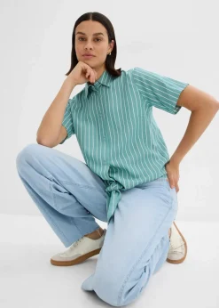 Gestreifte Kurzarmbluse mit Knoten-Detail