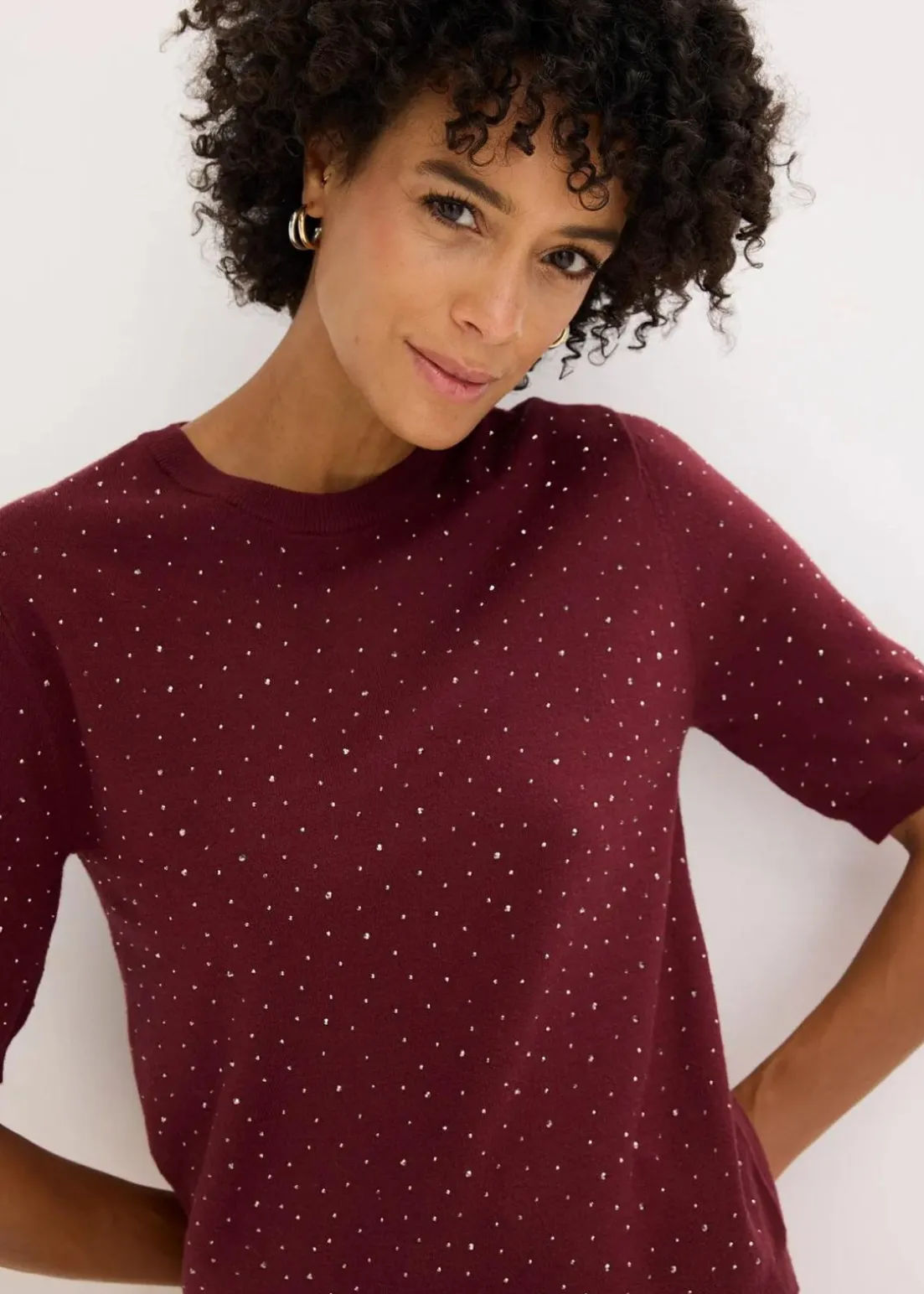 Halbarm Feinstrickpullover mit Glitzersteinchen