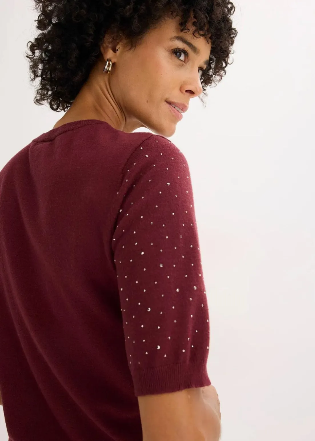 Halbarm Feinstrickpullover mit Glitzersteinchen