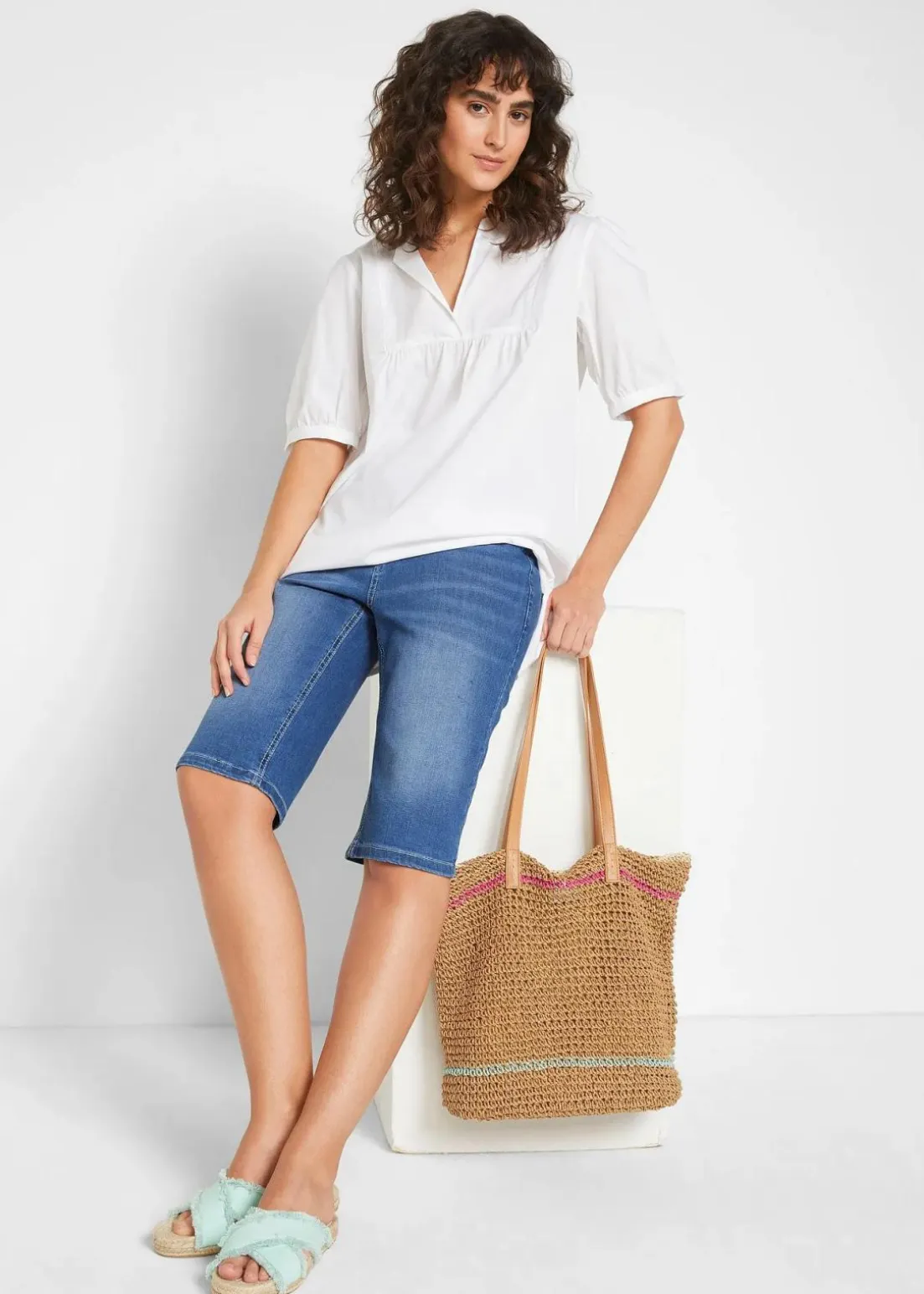 Jeans Bermuda Mid Waist, Stretch