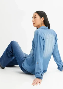 Jeansbluse mit Druckknöpfen, Langarm