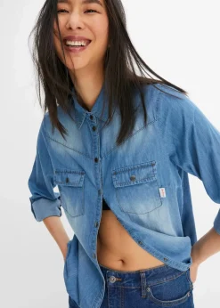 Jeansbluse mit Druckknöpfen, Langarm