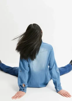 Jeansbluse mit Druckknöpfen, Langarm