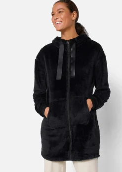 Leichte Loungewear Kuschel-Long-Fleecejacke mit Kapuze