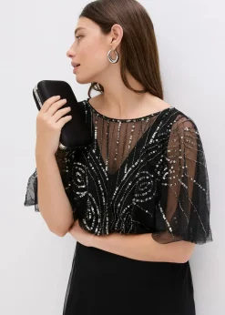 Maxikleid aus feinem Tüll mit Paillettenstickerei