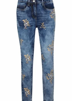 Slim-Fit-Jeans mit floraler Stickerei