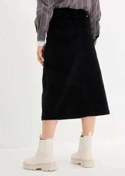 Stretch-Cordrock mit Knopfleiste, Midi-Länge