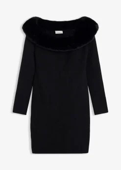 Strickkleid mit Fellimitat-Besatz