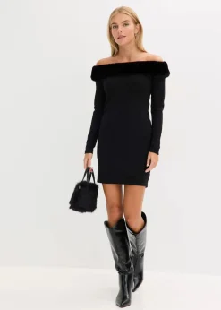 Strickkleid mit Fellimitat-Besatz