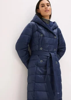 wasserabweisender Steppmantel mit Wollimitat Besatz und Bindegürtel (2-tlg.)