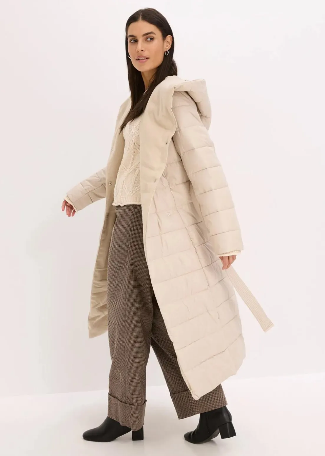 wasserabweisender Steppmantel mit Wollimitat Besatz und Bindegürtel (2-tlg.)