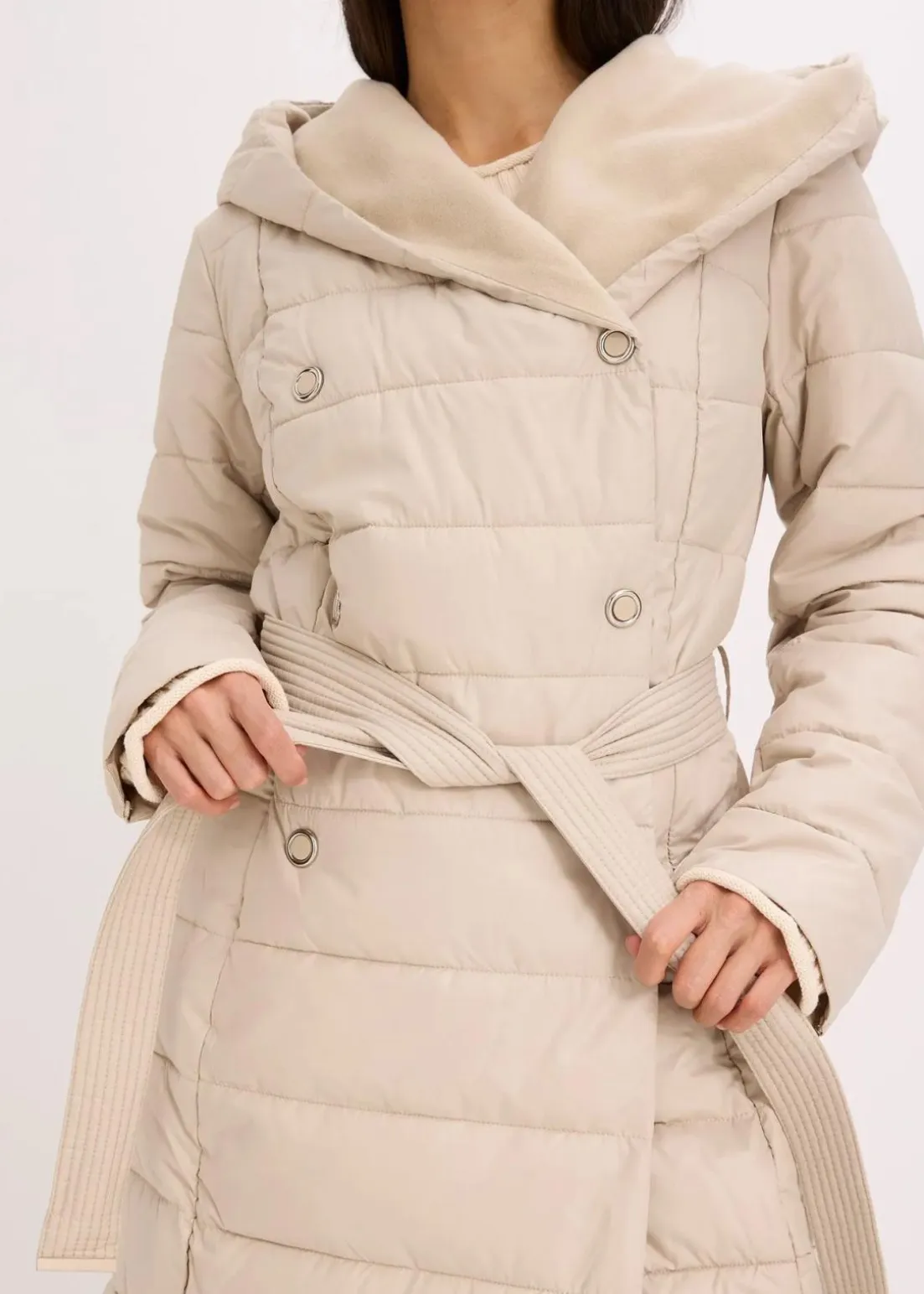 wasserabweisender Steppmantel mit Wollimitat Besatz und Bindegürtel (2-tlg.)