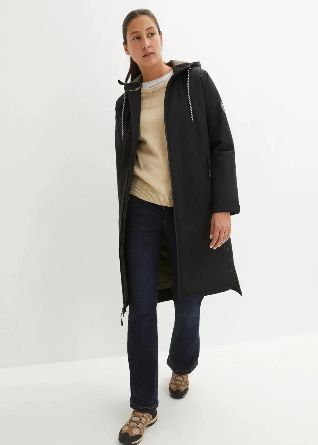 wasserdichter, wattierter Regenmantel in Midi-Länge