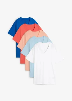 Weites Long-Shirt mit V-Ausschnitt, Kurzarm (5er Pack)