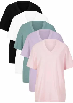 Weites Long-Shirt mit V-Ausschnitt, Kurzarm (5er Pack)