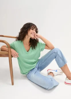 Weites Long-Shirt mit V-Ausschnitt, Kurzarm (5er Pack)